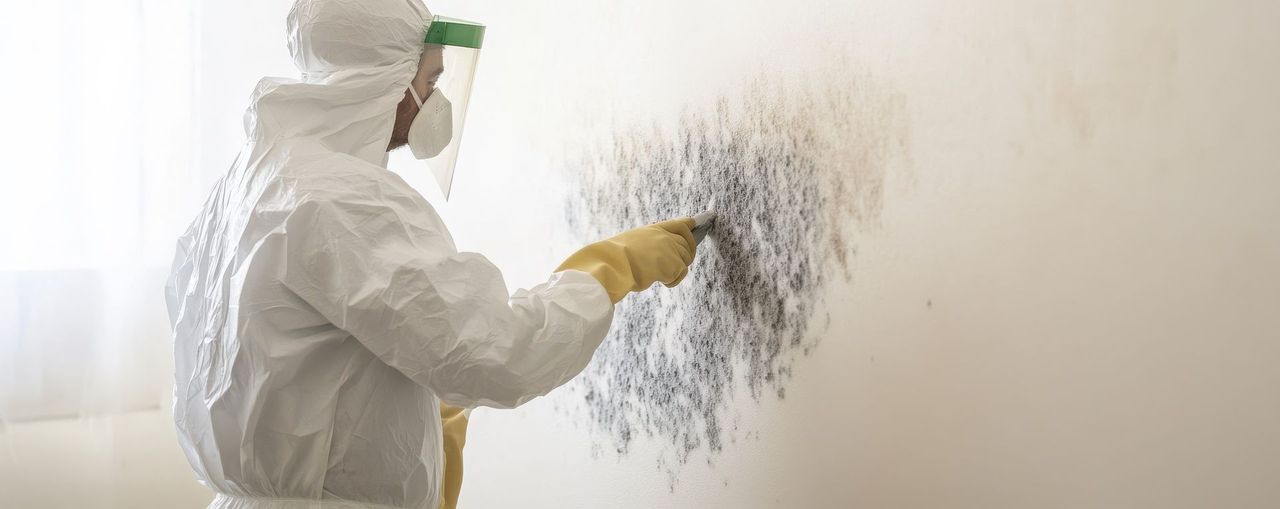 worker removing mould off wall